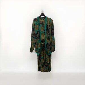 Vintage Bonnie Boynton Green Purple 3Piece Skirt Suit Floral Print Tunic Tie 80s